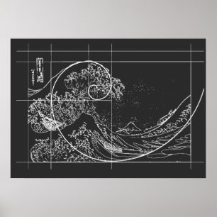 Hokusai trifft lineares Schwarzweiss Fibonaccis Poster