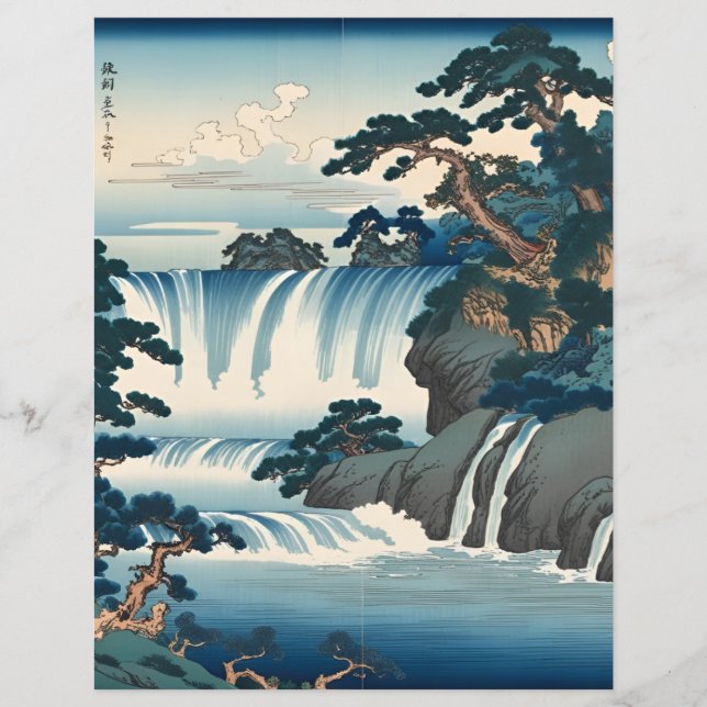 Hokusai Ukiyo-e Japanese Waterfall Landscape Blue (Vorderseite)