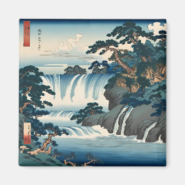 Hokusai Ukiyo-e Japanese Waterfall Landscape Blue Magnet