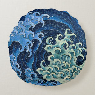 Hokusai Weibliche Welle Vintage Ozean  Rundes Kissen