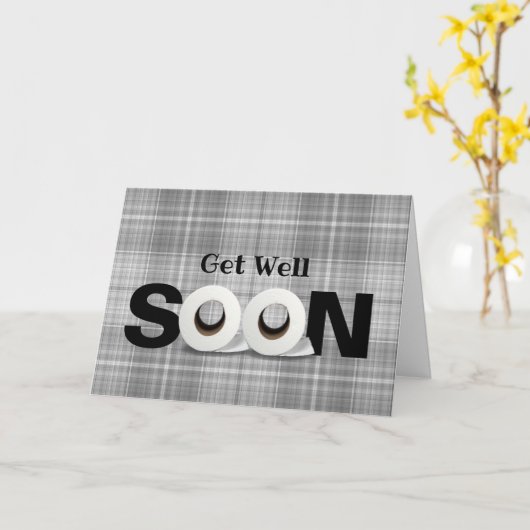 Hol dir bald die Toilettenpapierrolle grau kariert Karte (Gelbe Blume)