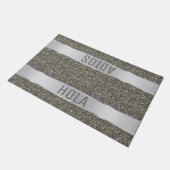 Hola Adios Spanischer Typografie Silberner Glitzer Fußmatte (Schrägansicht)