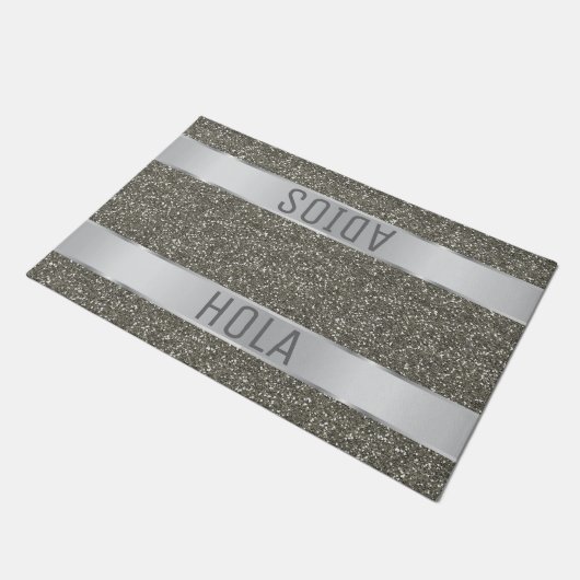 Hola Adios Spanischer Typografie Silberner Glitzer Fußmatte (Schrägansicht)