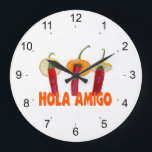 Hola Amigo Große Wanduhr<br><div class="desc">Hola Amigo. Three hot chili peppers,  three amigos in sombreros. Text Hola Amigo. Funny prints,  gifts and shirts for fun and good mood.</div>