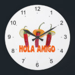 Hola Amigo Große Wanduhr<br><div class="desc">Hola Amigo. Three hot chili peppers, three amigos in sombreros. Text Hola Amigo. Funny prints, gifts and shirts for fun and good mood.</div>