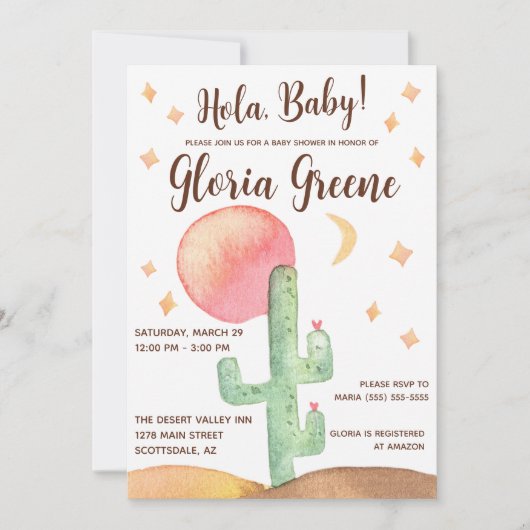 Hola Baby! Desert Cactus Boho Baby Shower Einladung (Vorderseite)