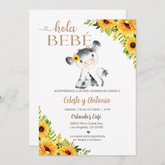 Hola bebé Kuh Mädchen Dusche einladen, Spanisch. Einladung (Vorne/Hinten)