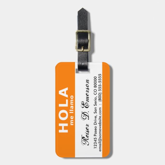 Hola me llamo (orange) gepäckanhänger (Vorderseite vertikal)