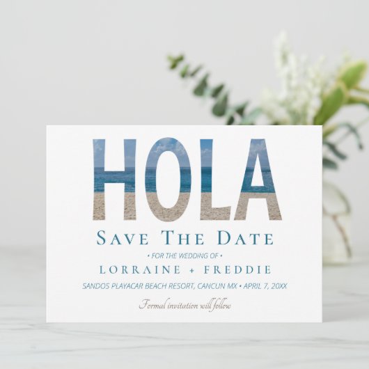 Hola Mexican Beach Wedding Save the Date (Stehend Vorderseite)