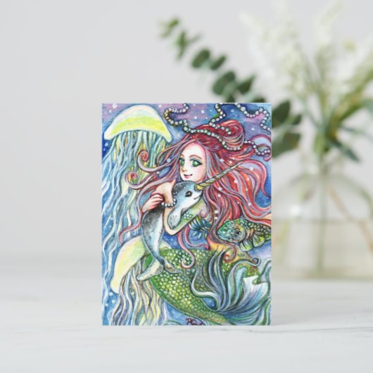 Holding Narwhal Baby - Meerjungfrau Art Postkarte (Stehend Vorderseite)