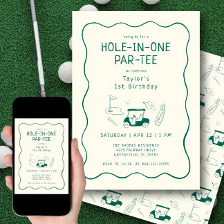 Hole In One 1. Geburtstags-Par-tee Handgezeichnete Einladung