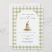 Hole in One 1st Year Sage Green Gingham Birthday Einladung (Vorderseite)