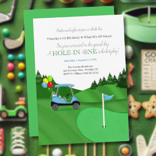 Hole In One Blaues Golfcart 1. Geburtstag  Einladung
