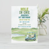 Hole In One, Blue Golf 1st Birthday Einladung (Stehend Vorderseite)