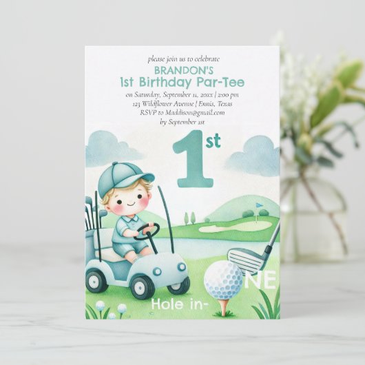Hole in One Golf Boy 1st Birthday Par-Tee Einladung (Stehend Vorderseite)