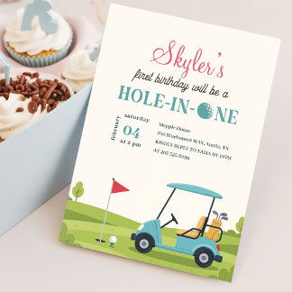 Hole In One Golf Junge Mädchen Erste Geburtstagsfe Einladung