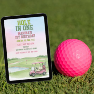 Hole In One, Pink Golf 1. Geburtstag Einladung