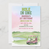Hole In One, Pink Golf 1st Birthday Einladung (Vorderseite)