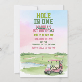 Hole In One, Pink Golf 1st Birthday Einladung