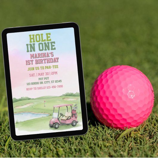 Hole In One, Pink Golf 1st Birthday Einladung