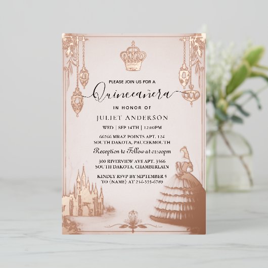 Holen Sie Pastel Schriftart Dusty Glam Rose Gold Q Folieneinladung (Stehend vorne)