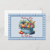 Holen Sie sich bald Früchte Basket Blue Gingham Mitteilungskarte (Vorne/Hinten)