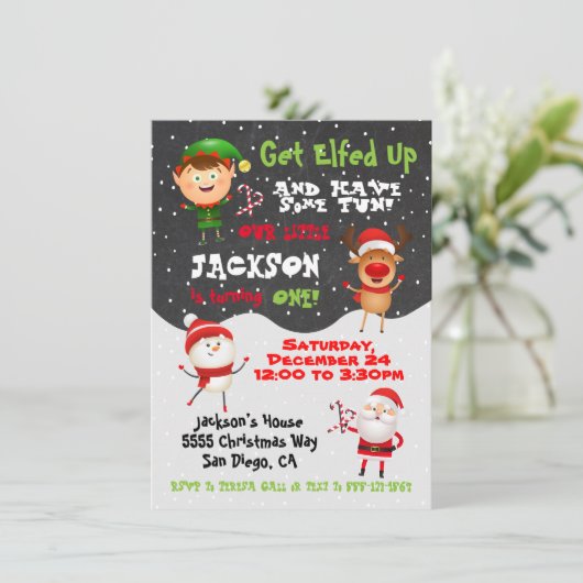Holen Sie sich Elfed up Christmas Birday Party Ein Einladung (Stehend Vorderseite)