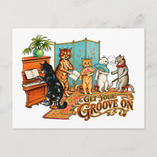 Holen Sie sich Ihren Groove mit Vintage-Musikkater Postkarte