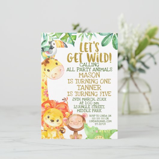 Holen wir uns Wild Joint Gold Safari Tiere zum Geb Einladung (Stehend Vorderseite)