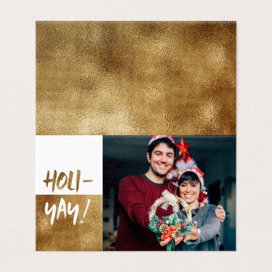 HOLI-YAY! Spaß Script Gold Weihnachtskarte (Außenseite Aufgefaltet)