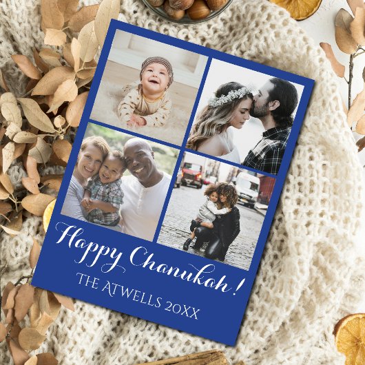 Holiday 4 Photos Happy Chanukah Family Blue Feiertagspostkarte