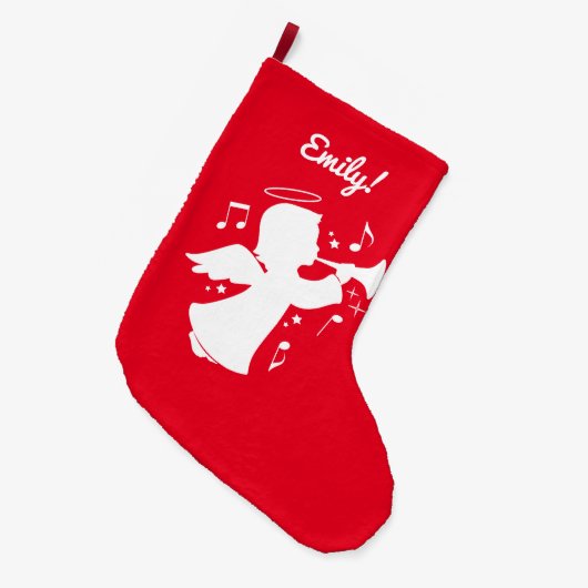 Holiday Angel blasing Trumpet Name individuell ein Großer Weihnachtsstrumpf (Vorderansicht (hängend))