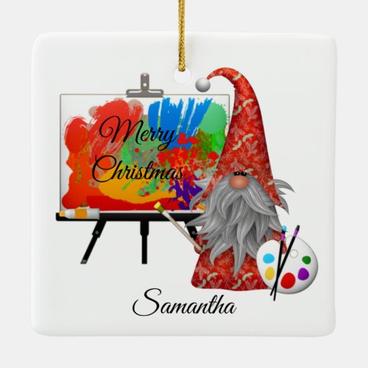 Holiday Artist Gnome Personalisiert Keramikornament (Rückseite)