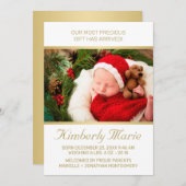 Holiday Baby Birth Elegantes Gold Script mit Foto Ankündigung (Vorne/Hinten)