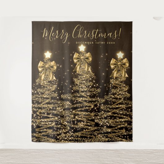 Holiday Backdrop Gold Christmas Trees w/ Bows Wandteppich (Vorderseite)