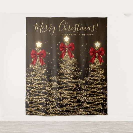 Holiday Backdrop Gold Christmas Trees w/ Red Bows Wandteppich (Vorderseite)