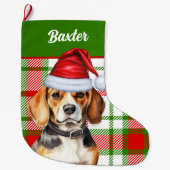 Holiday Beagle Red Green Kariert mit Hundenname Großer Weihnachtsstrumpf (Vorderseite)