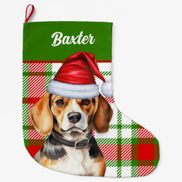 Holiday Beagle Red Green Kariert mit Hundenname Großer Weihnachtsstrumpf