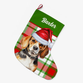 Holiday Beagle Red Green Kariert mit Hundenname Großer Weihnachtsstrumpf