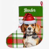 Holiday Beagle Red Green Kariert mit Hundenname Großer Weihnachtsstrumpf (Rückseite)