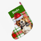 Holiday Beagle Red Green Kariert mit Hundenname Großer Weihnachtsstrumpf (Rückseite (Hängend))
