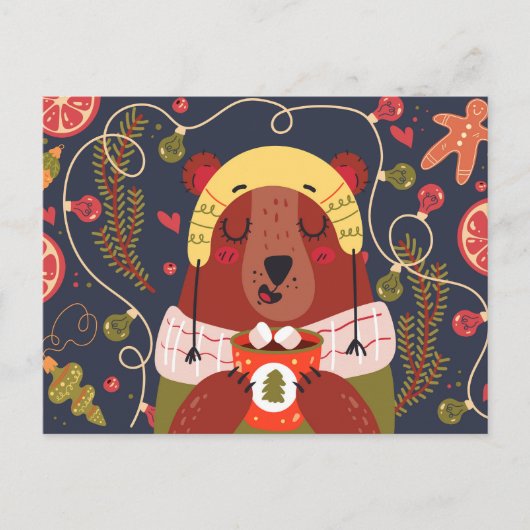 Holiday Bear Drinks Hot Cocoa Postkarte (Vorderseite)