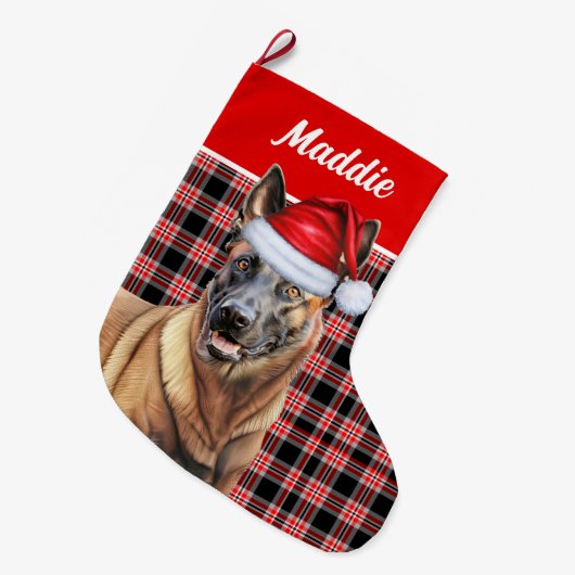 Holiday Belgische Malinois Red Kariert mit Hundenn Großer Weihnachtsstrumpf (Vorderansicht (hängend))