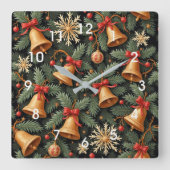 Holiday Bells, Decorative Christmas Pattern, Quadratische Wanduhr (Vorderseite)