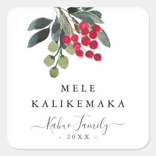 Holiday Berries Mele Kalikemaka Skript Custom Text Quadratischer Aufkleber (Vorderseite)