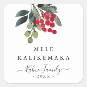Holiday Berries Mele Kalikemaka Skript Custom Text Quadratischer Aufkleber