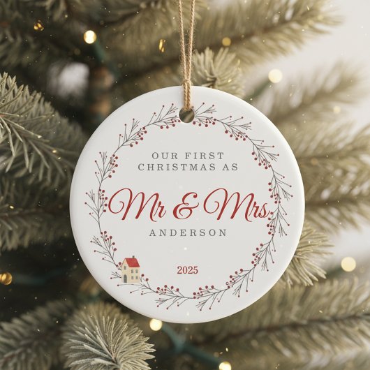 Holiday Berry Branch Christmas Newlyweds Keramik Ornament