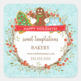 Holiday Berry Wreath Weihnachtskeks Quadratischer Aufkleber