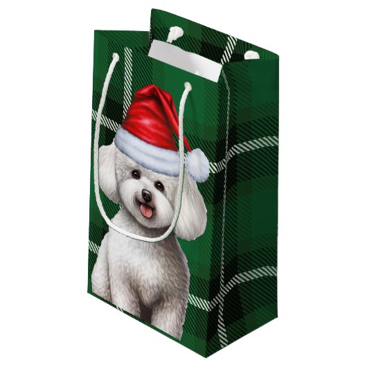 Holiday Bichon Frise Dog Green Karierte Weihnachte Kleine Geschenktüte (Rückseite Schrägansicht)