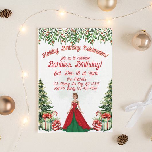 Holiday Birthday Celebration Brunette Doll Einladung